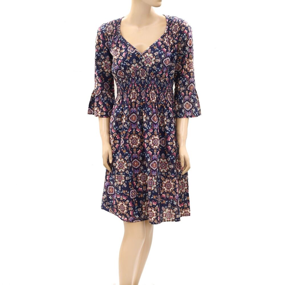 Odd Molly Anthropologie Floral Printed Mini Dress Smocked Cotton S-1 New 271444
